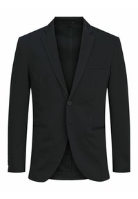 Svart blazer med en knapp, slagkrage och bröstficka. Har ett slätt tyg och en skräddarsydd passform, lämplig för formella tillfällen.