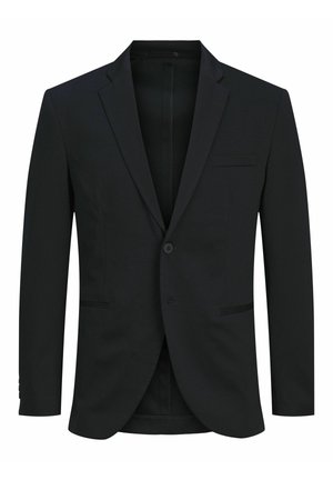 Blazer noir à bouton unique, avec des revers crantés et une poche poitrine. Il possède un tissu lisse et une coupe ajustée, adapté aux occasions formelles.