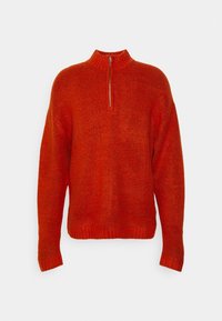 Roter, strukturierter Strickpullover mit hohem Kragen und einem halben Reißverschluss. Lockere Passform, gerippte Bündchen und Saum. Weiches Material, einfarbig, keine Muster.