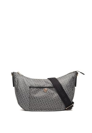 Borsa a tracolla grigia da designer con motivo ripetuto di loghi circolari, tasca frontale con cerniera e ampia tracolla nera regolabile.