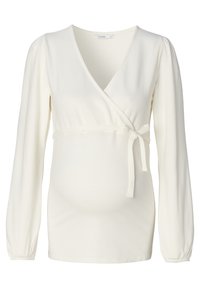Helle Wrap-Bluse aus weichem Stoff. Mit langen Puffärmeln, einem Bindeband in der Taille und einem tiefen V-Ausschnitt für eine figurbetonte Silhouette.