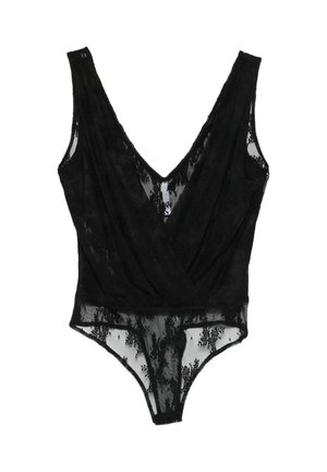 Body nero senza maniche in pizzo con scollo a V profondo e motivi floreali, con sezione inferiore trasparente.