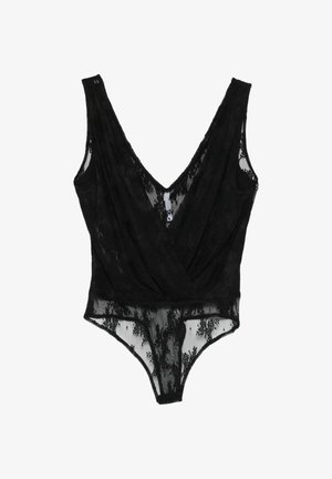 Zwart mouwloos kanten body met diepe V-hals en bloemmotieven, met een doorschijnend onderste gedeelte.