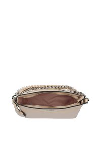 Beige leather handbag with a braided strap, silver hardware, zippered closure, and a brown interior lining. Compact design with a smooth texture.