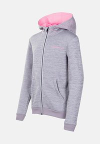 Felpa grigia con zip e foderatura e dettagli rosa. Presenta due tasche anteriori e un cappuccio con cordino. Realizzata in morbido tessuto testurizzato.