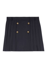 Plissierter dunkelblauer Rock mit hoher Taille, verziert mit goldenen dekorativen Knöpfen und strukturiertem Design. Hergestellt aus einem glatten Stoff ohne sichtbare Muster.