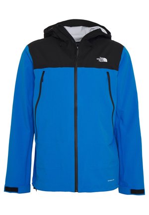 Blå og sort vandtæt jakke med hætte, foran lynlås, to lynlåslommer på brystet og The North Face-logo på brystet.
