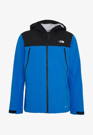 Blå og sort vandtæt jakke med hætte, foran lynlås, to lynlåslommer på brystet og The North Face-logo på brystet.