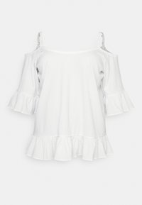 Top bianco off-the-shoulder con maniche e orlo a balze, realizzato in tessuto testurizzato. Presenta spalline regolabili e una vestibilità rilassata.