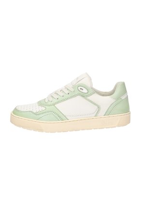 Green and white sneaker with a textured leather upper, perforated toe, and a light-colored rubber sole. Features lace-up design and logo.