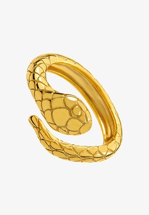 Anillo dorado en forma de serpiente con un patrón de escamas texturizado y un diseño de banda abierta. Presenta la cabeza de una serpiente enrollada en un extremo.