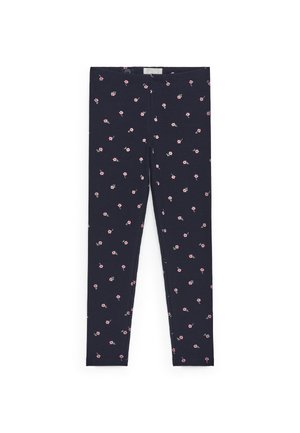 Marineblaue Leggings mit kleinem rosa-weißem Blumenmuster, schlanke Passform, elastischer Bund, strukturierter Stoff.