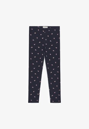 Laivastonsiniset leggingsit, joissa pieni vaaleanpunainen ja valkoinen kukkakuosi, kapea malli, joustava vyötärönauha, teksturoitu kangas.