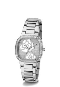 Reloj de acero inoxidable plateado con una esfera cuadrada que presenta un bisel adornado con cristales y un diseño de recortes florales. Pulsera de eslabones rectangulares.