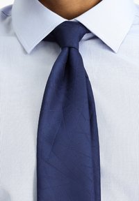 Cravatta blu navy con motivo astratto in rilievo, realizzata in tessuto liscio. Indossata con una camicia da uomo a righe blu chiaro, che presenta un colletto standard.