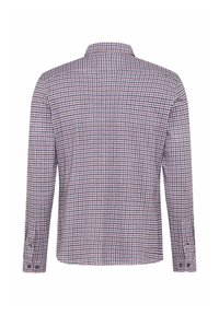 Camicia a maniche lunghe a quadri in rosso, blu navy e bianco. Presenta un colletto standard e polsini con bottoni. Tessuto misto cotone con una consistenza liscia.