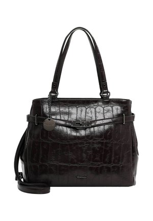 Dark brown leather handbag with crocodile texture, double handles, detachable shoulder strap, and metal hardware accents.