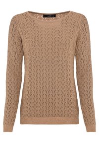 Hellbraunes, langärmliges Strickpullover mit einem subtilen gewellten Spitzenmuster und einem runden Ausschnitt.