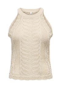 Débardeur en tricot de couleur crème avec un col haut, un motif texturé et un ourlet festonné. Tissu doux et respirant avec un design à mailles ouvertes.