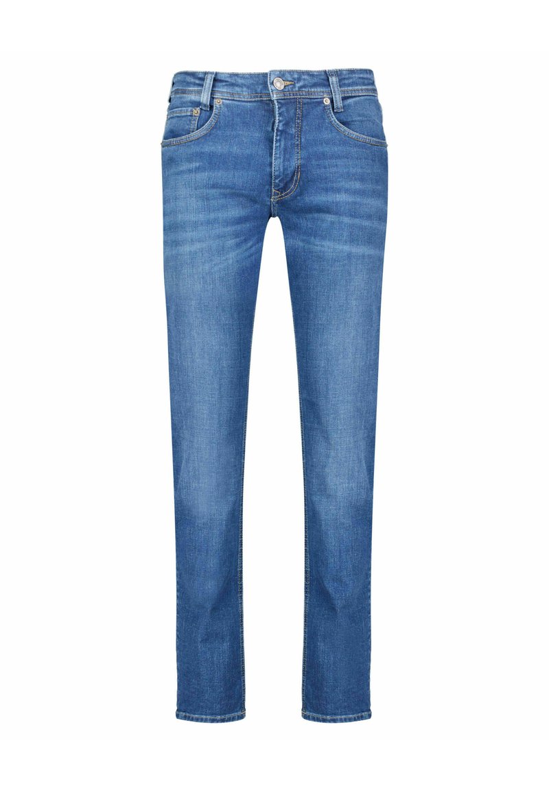 Blaue Denim-Jeans mit gerader Beinform, fünf Taschen und vorderem Knopfverschluss. Mit subtilen Ausbleichungen und gestickten Akzenten.