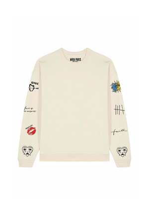 Felpa color crema con grafiche sulle maniche, inclusi un sole, un cuore e vari elementi testuali. Collo a giro. Materiale in cotone.
