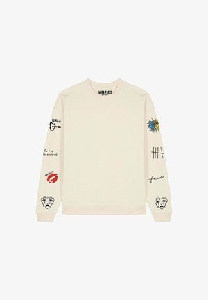 Felpa color crema con grafiche sulle maniche, inclusi un sole, un cuore e vari elementi testuali. Collo a giro. Materiale in cotone.