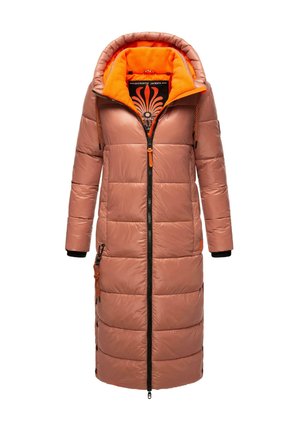 Lange, gewatteerde pufferjas met capuchon in lichtroze met zwarte accenten en oranje fleece voering. Voorzien van een front-rits en twee zijzakken. Gequilt ontwerp.