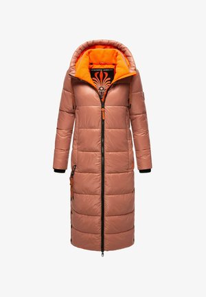 Long, hooded puffer coat in light pink with black accents and orange fleece lining. Features front zipper and two side pockets. Quilted design.