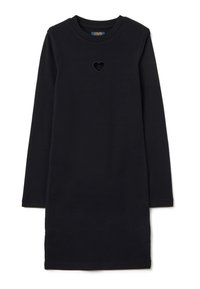 Schwarzes langärmeliges Kleid mit rundem Ausschnitt und herzförmigem Ausschnitt auf der Brust. Aus geripptem Stoff gefertigt und in lockerer Passform.