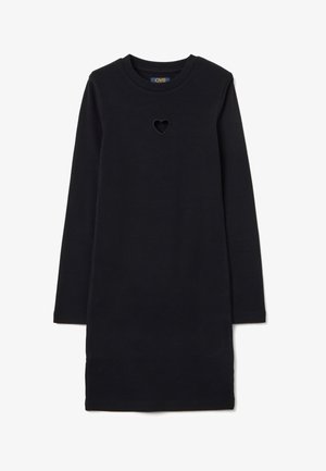 Zwarte lange mouw jurk met een ronde halslijn en een hartvormige uitsnede op de borst. Gemaakt van ribbelstof en heeft een ontspannen pasvorm.