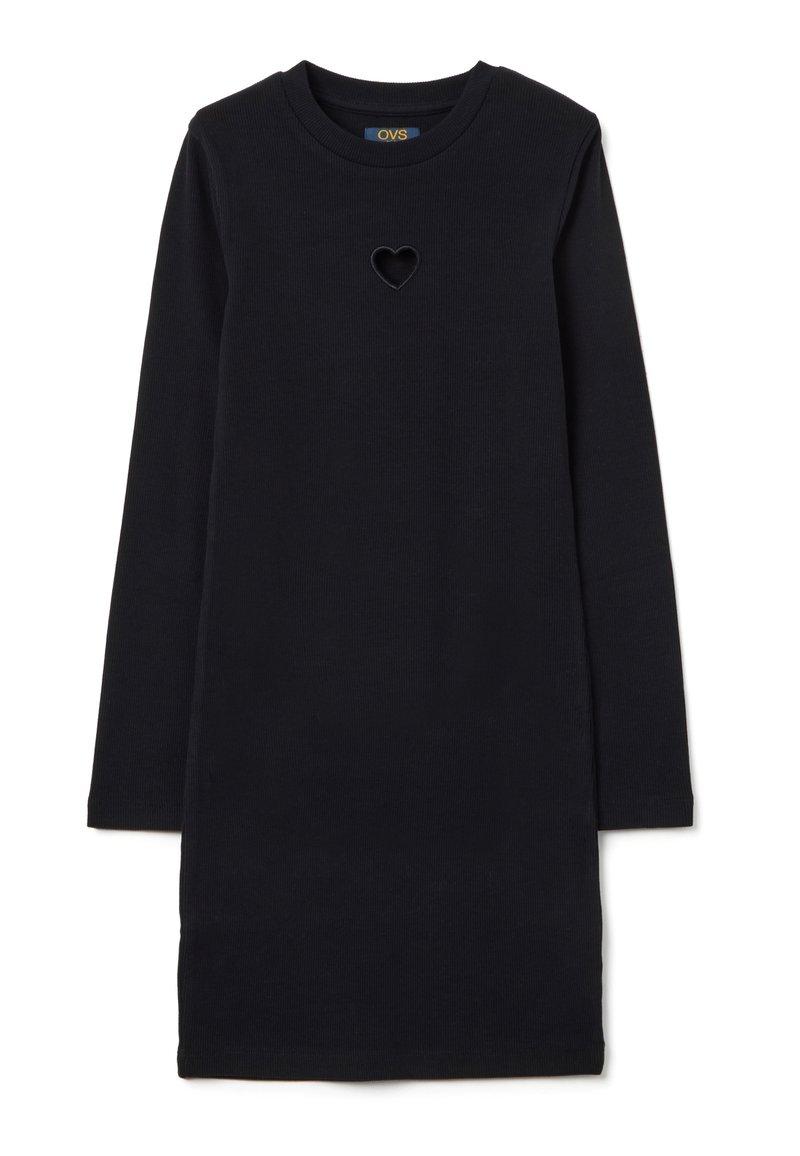 Schwarzes langärmeliges Kleid mit rundem Ausschnitt und herzförmigem Ausschnitt auf der Brust. Aus geripptem Stoff gefertigt und in lockerer Passform.