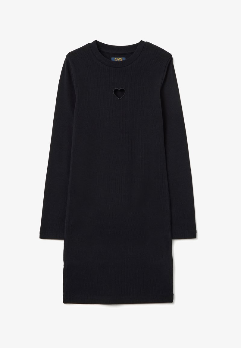Schwarzes langärmeliges Kleid mit rundem Ausschnitt und herzförmigem Ausschnitt auf der Brust. Aus geripptem Stoff gefertigt und in lockerer Passform.