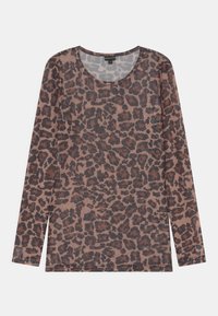 T-shirt de manga longa em tecido translúcido com padrão de leopardo castanho e preto, decote redondo e bainha reta com bordas cosidas.