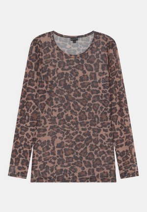 T-shirt de manga longa em tecido translúcido com padrão de leopardo castanho e preto, decote redondo e bainha reta com bordas cosidas.