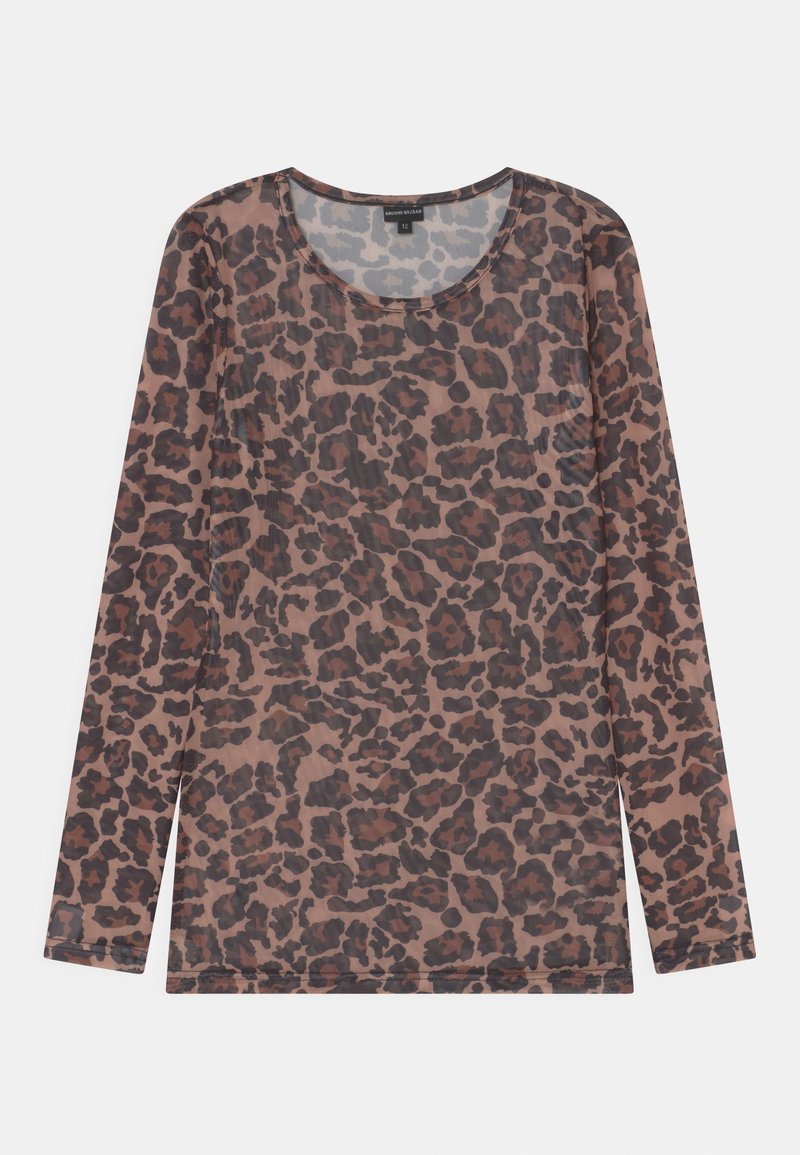 T-shirt de manga longa em tecido translúcido com padrão de leopardo castanho e preto, decote redondo e bainha reta com bordas cosidas.