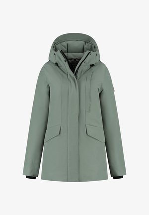 Groene winterjas met capuchon, voorzien van een ritssluiting aan de voorkant, twee klepzakken en verstelbare trekkoordjes in de capuchon, weergegeven op een witte achtergrond.