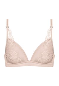 Beige podprsenka s krajkovým lemem, měkkého trojúhelníkového tvaru a nastavitelnými ramínky; má složité květinové krajkové vzory podél okrajů.