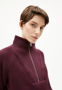 Bordeaux brei sweater met hoge kraag, half-ritssluiting, geribbelde textuur en geometrische details op de schouders. Effen achtergrond.