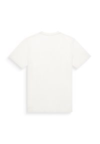 Camiseta de algodón blanca con mangas cortas, escote redondo y espalda lisa. Textura suave, sin patrones ni diseños visibles.