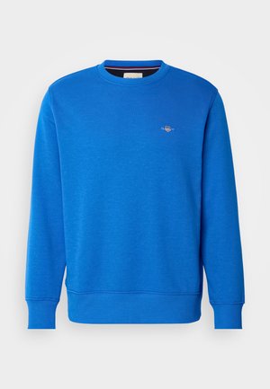 Blue crew-neck sweatshirt made of soft fabric, featuring ribbed cuffs and hem, with a small embroidered logo on the upper chest.