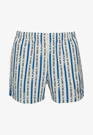 Ujumispüksid, millel on vertikaalsed sinised ja valged triibud ning mustad tekstimustrid. Elastsest vööst mugavuse tagamiseks, kerge materjal.