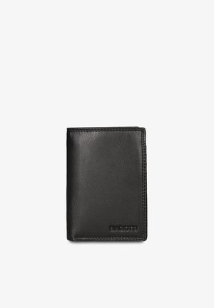 Zwart leren portemonnee met een gladde textuur, bi-fold ontwerp en een geperst merklogo aan de onderkant. Minimalistische stijl met strakke lijnen.