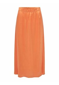 Oranžová, středně dlouhá sukně s elastickým pasem, hladkou texturou a splývavým designem s mírnými bočními rozparky pro pohodlný pohyb.