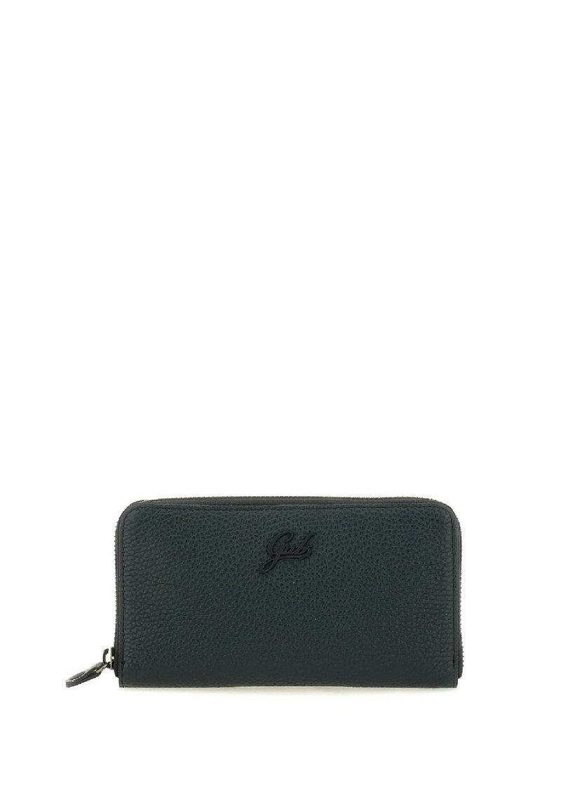 Portafoglio in pelle nera con finitura testurizzata, chiusura con zip e logo embossato discreto sul davanti. Design compatto e rettangolare.