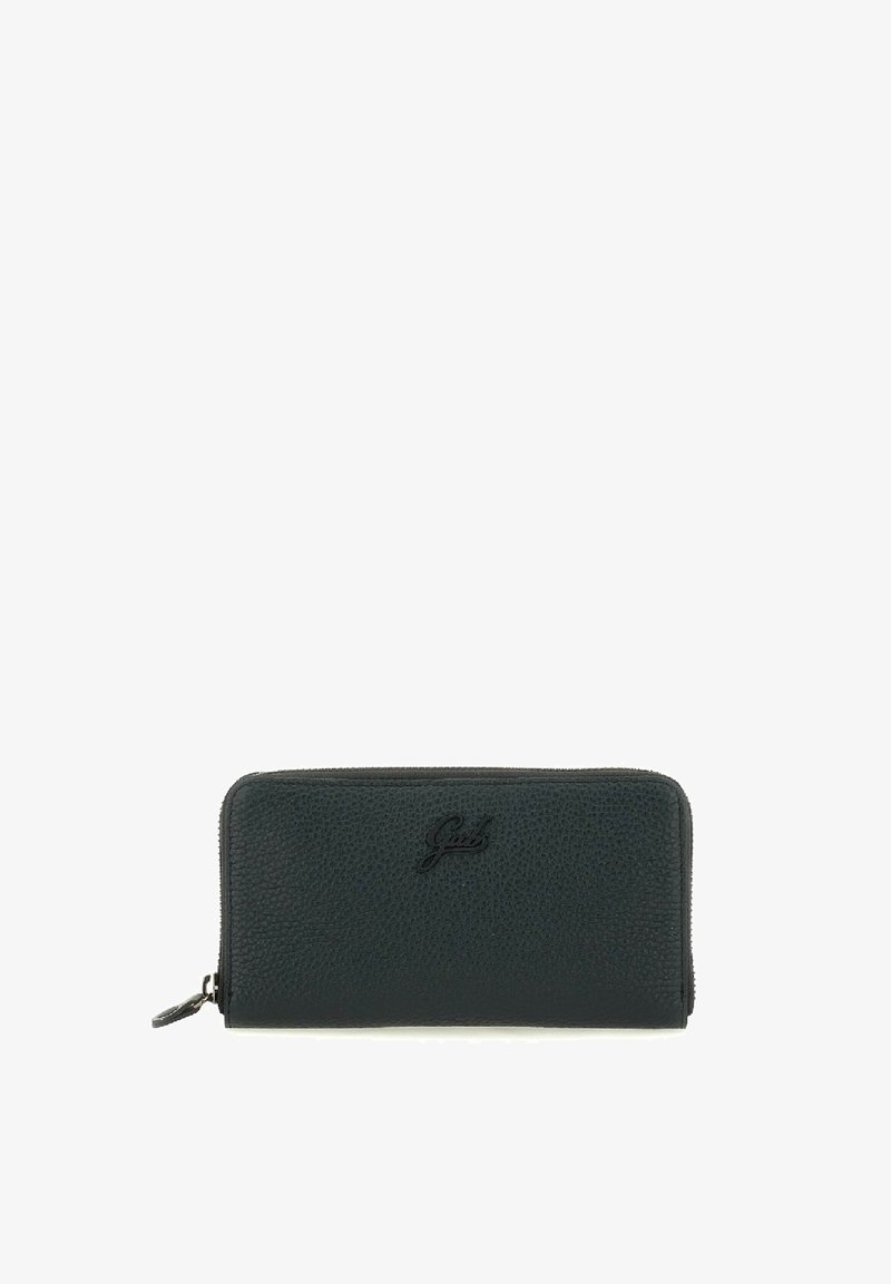 Portafoglio in pelle nera con finitura testurizzata, chiusura con zip e logo embossato discreto sul davanti. Design compatto e rettangolare.