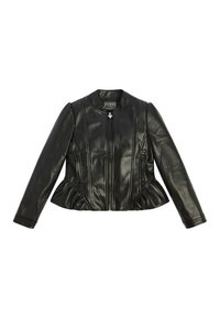 Czarna skórzana kurtka bomberka z długimi rękawami, dopasowanym krojem, peplum u dołu i zamek błyskawiczny z przodu. Zawiera pionowe szwy dekoracyjne.