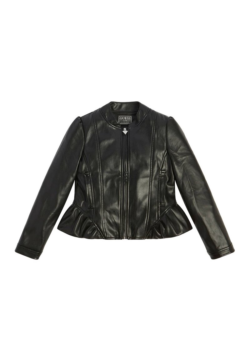 Czarna skórzana kurtka bomberka z długimi rękawami, dopasowanym krojem, peplum u dołu i zamek błyskawiczny z przodu. Zawiera pionowe szwy dekoracyjne.