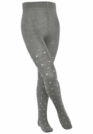 Collants gris avec une finition texturée et un motif de points multicolores (blancs et roses) sur toute la surface. Taille élastiquée pour un ajustement serré.