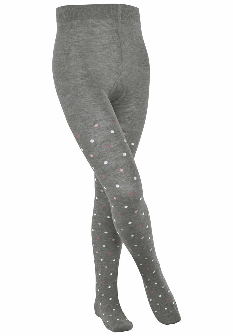 Grijze panty's met een gestructureerde afwerking en een patroon van multiculturele (witte en roze) stippen overal. Elastische tailleband voor een comfortabele pasvorm.