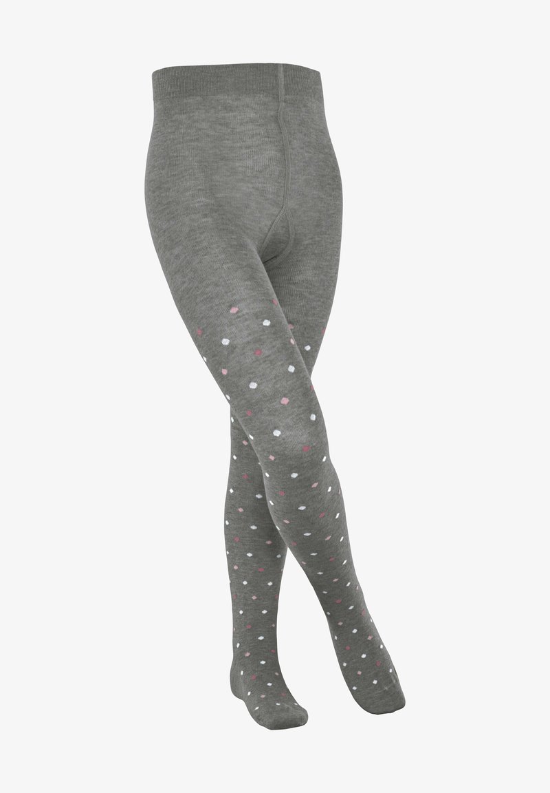Graue Strumpfhosen mit einer strukturierten Oberfläche und einem Muster aus mehrfarbigen (weißen und rosa) Punkten. Elastischer Bund für eine bequeme Passform.